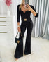 U-Neck Zipper Front Long Sleeve Slim Fit Flared Jumpsuit with Belt black