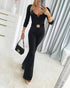 U-Neck Zipper Front Long Sleeve Slim Fit Flared Jumpsuit with Belt black