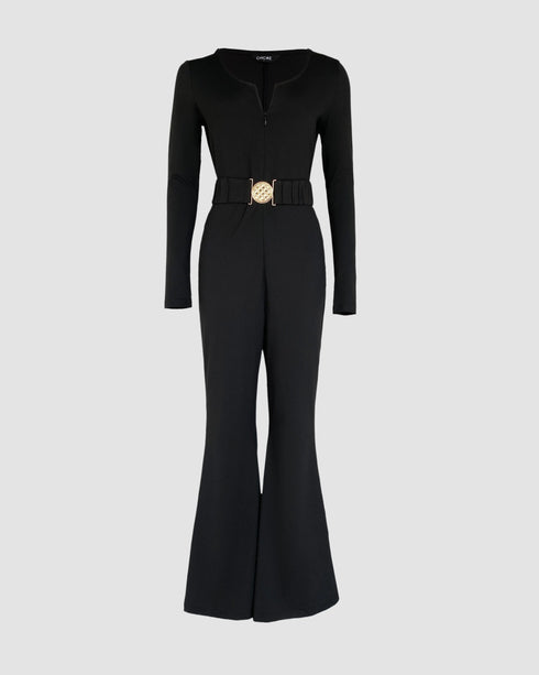 U-Neck Zipper Front Long Sleeve Slim Fit Flared Jumpsuit with Belt black