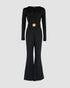 U-Neck Zipper Front Long Sleeve Slim Fit Flared Jumpsuit with Belt black