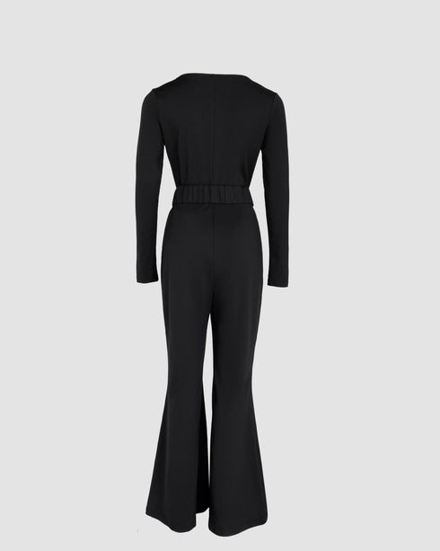 U-Neck Zipper Front Long Sleeve Slim Fit Flared Jumpsuit with Belt black