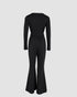 U-Neck Zipper Front Long Sleeve Slim Fit Flared Jumpsuit with Belt black