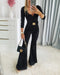U-Neck Zipper Front Long Sleeve Slim Fit Flared Jumpsuit with Belt black
