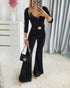 U-Neck Zipper Front Long Sleeve Slim Fit Flared Jumpsuit with Belt black