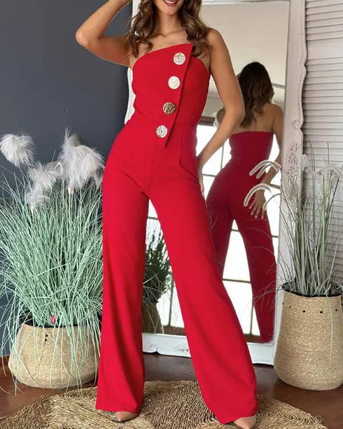 Asymmetrical Bandeau Strapless Jumpsuit Metal Button Decor Casual Overalls red