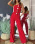 Asymmetrical Bandeau Strapless Jumpsuit Metal Button Decor Casual Overalls red