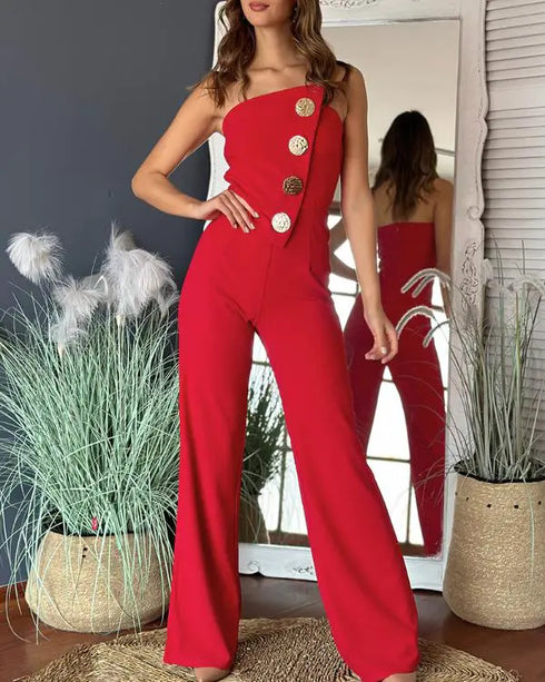 Asymmetrical Bandeau Strapless Jumpsuit Metal Button Decor Casual Overalls red
