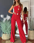 Asymmetrical Bandeau Strapless Jumpsuit Metal Button Decor Casual Overalls red