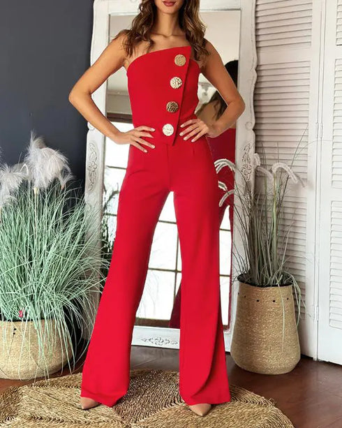 Asymmetrical Bandeau Strapless Jumpsuit Metal Button Decor Casual Overalls red