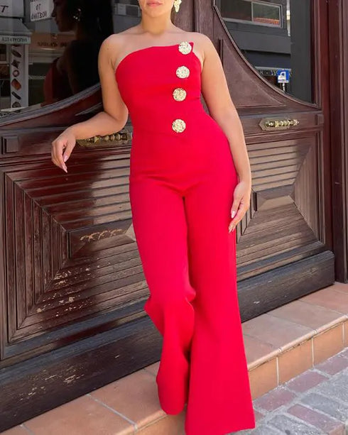 Asymmetrical Bandeau Strapless Jumpsuit Metal Button Decor Casual Overalls red