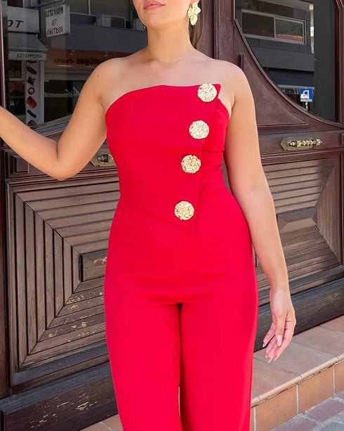 Asymmetrical Bandeau Strapless Jumpsuit Metal Button Decor Casual Overalls red