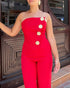 Asymmetrical Bandeau Strapless Jumpsuit Metal Button Decor Casual Overalls red