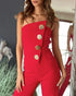 Asymmetrical Bandeau Strapless Jumpsuit Metal Button Decor Casual Overalls red