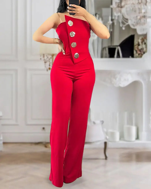 Asymmetrical Bandeau Strapless Jumpsuit Metal Button Decor Casual Overalls red