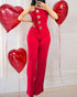 Asymmetrical Bandeau Strapless Jumpsuit Metal Button Decor Casual Overalls red