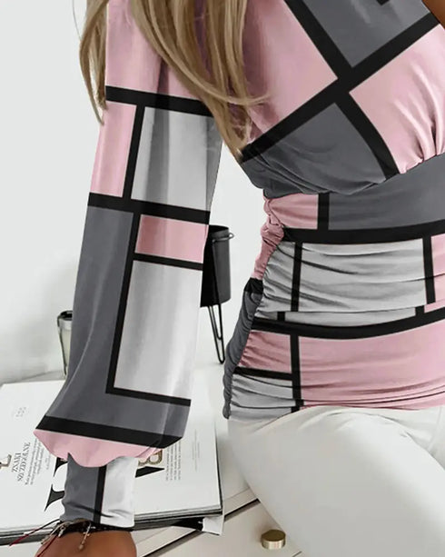 Deep V-Neck Rhinestone Decor Mesh Patchwork Lantern Sleeves Blouse Ruched Slim Fit Top pink