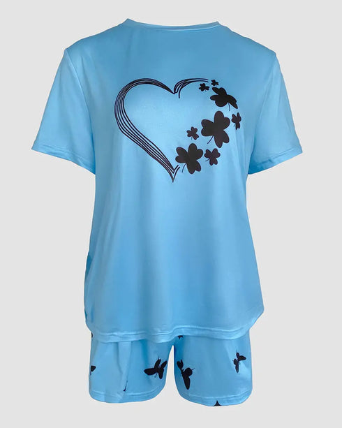 2 Pieces Outfit Graphic Pattern Short Sleeve Top and Casual Tie Dye Print Pants Set blue