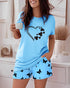 2 Pieces Outfit Graphic Pattern Short Sleeve Top and Casual Tie Dye Print Pants Set blue