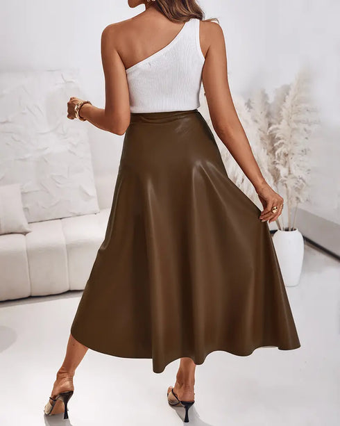 PU Leather Wrap Lace-Up Casual Mid-Length Skirt Work Skirt brown