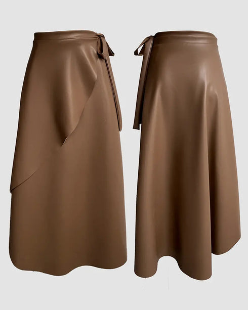 PU Leather Wrap Lace-Up Casual Mid-Length Skirt Work Skirt brown