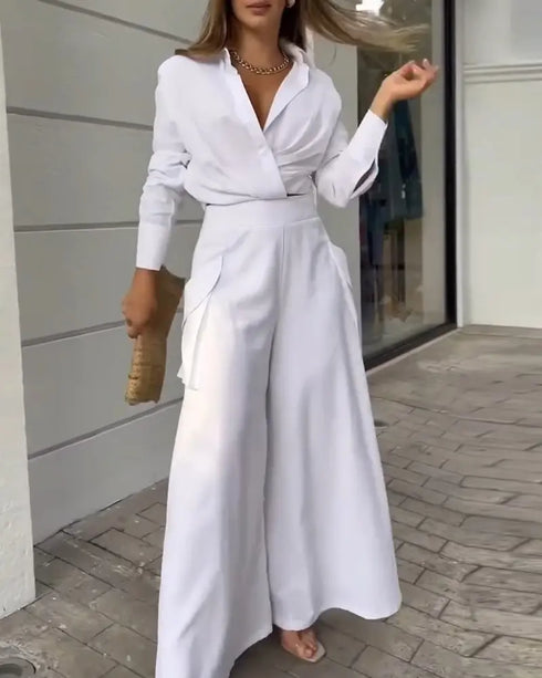Ruched Long Sleeve Shirt & Wide Leg Asymmetrical Pants Set white