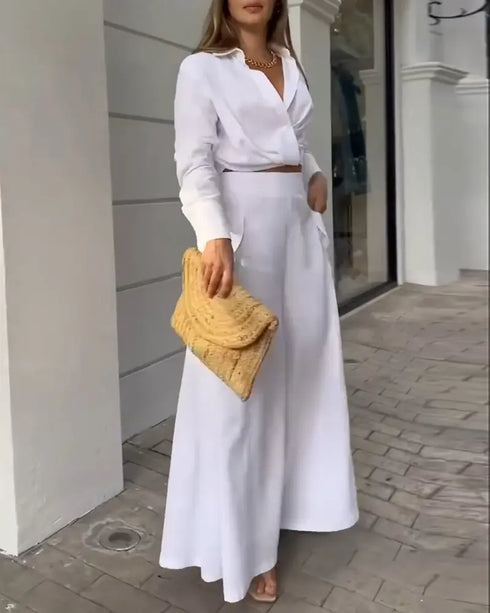 Ruched Long Sleeve Shirt & Wide Leg Asymmetrical Pants Set white