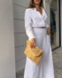 Ruched Long Sleeve Shirt & Wide Leg Asymmetrical Pants Set white