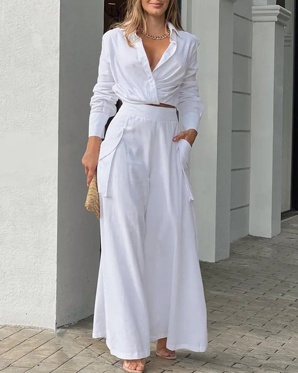 Ruched Long Sleeve Shirt & Wide Leg Asymmetrical Pants Set white
