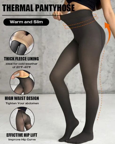 Fleece Lined Tights Sheer Fake Translucent Thermal High Waist Pantyhose Tights Leggings black