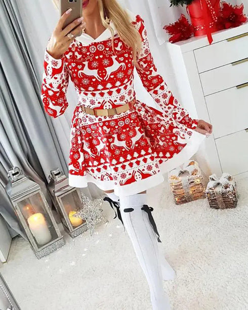 Christmas Print Hooded Long Sleeve Casual Dress Mini Flare Dress red
