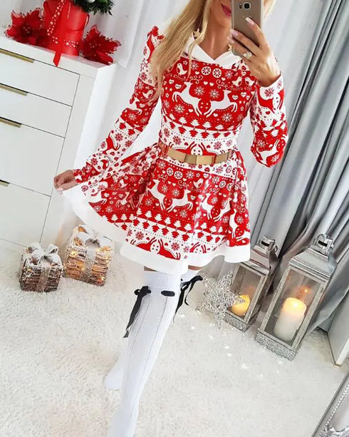 Christmas Print Hooded Long Sleeve Casual Dress Mini Flare Dress red