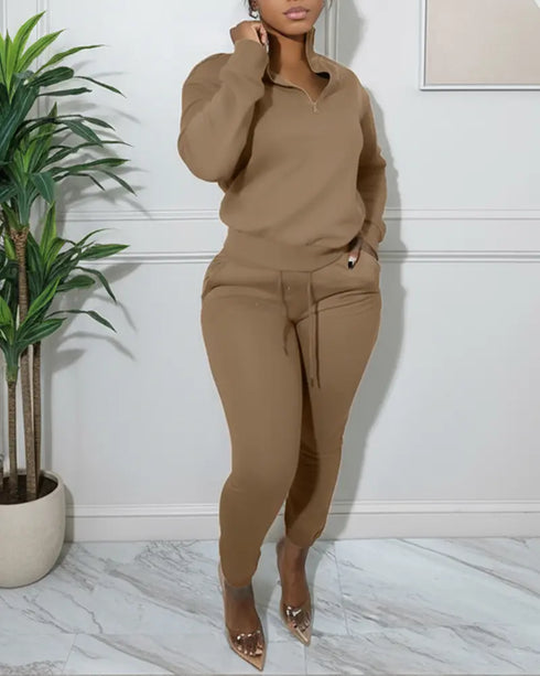 2 Pieces Outfit High Neck Half Zip Drop Shoulder Top and Drawstring Elastic Waist Slim Fit Jogger Pants Set Casual Tracksuit coffee