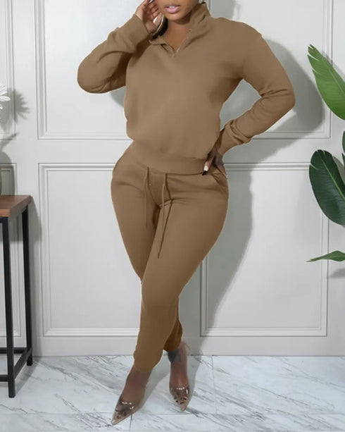 2 Pieces Outfit High Neck Half Zip Drop Shoulder Top and Drawstring Elastic Waist Slim Fit Jogger Pants Set Casual Tracksuit coffee