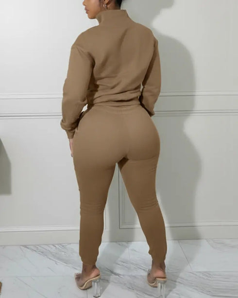 2 Pieces Outfit High Neck Half Zip Drop Shoulder Top and Drawstring Elastic Waist Slim Fit Jogger Pants Set Casual Tracksuit coffee