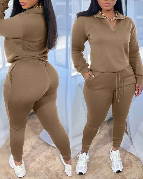 2 Pieces Outfit High Neck Half Zip Drop Shoulder Top and Drawstring Elastic Waist Slim Fit Jogger Pants Set Casual Tracksuit coffee