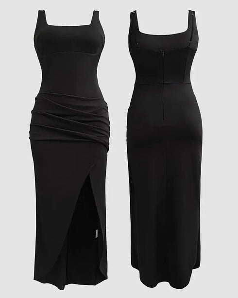 Sexy Square Neck Thick Strap Backless Slit Dress black