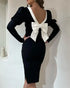 Contrast Paneled Bowknot Decor Gigot Sleeve Bodycon Dress Elegant Two-Way Wear Midi Dress black