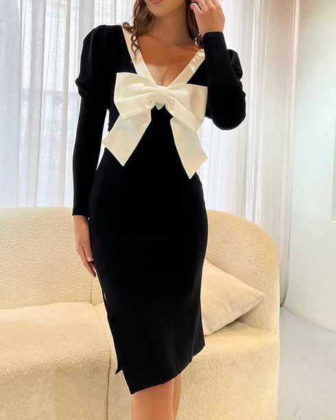 Contrast Paneled Bowknot Decor Gigot Sleeve Bodycon Dress Elegant Two-Way Wear Midi Dress black
