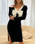 Contrast Paneled Bowknot Decor Gigot Sleeve Bodycon Dress Elegant Two-Way Wear Midi Dress black
