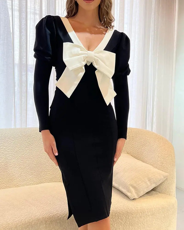 Contrast Paneled Bowknot Decor Gigot Sleeve Bodycon Dress Elegant Two-Way Wear Midi Dress black
