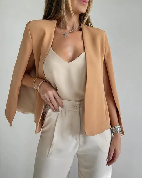 Open Front Shoulder Padded Cape Blazer Coat khaki
