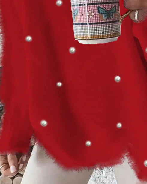 V-Neck Long Sleeve Beaded Decor Oversized Sweater Fluffy Pullover Top red