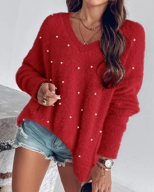 V-Neck Long Sleeve Beaded Decor Oversized Sweater Fluffy Pullover Top red