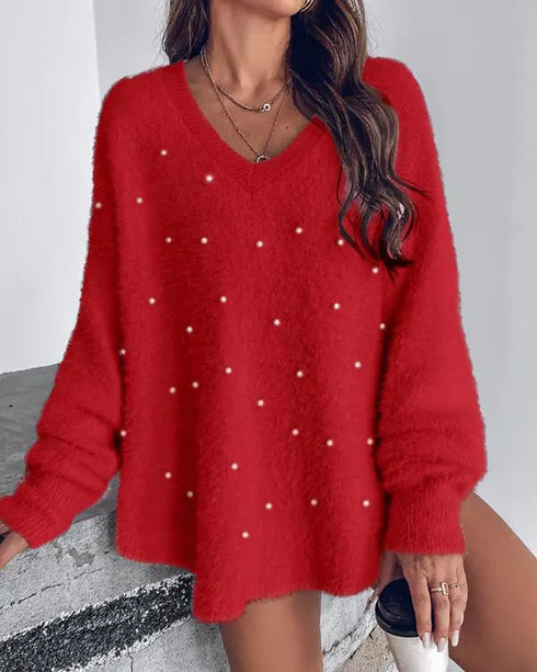 V-Neck Long Sleeve Beaded Decor Oversized Sweater Fluffy Pullover Top red