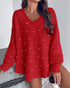V-Neck Long Sleeve Beaded Decor Oversized Sweater Fluffy Pullover Top red