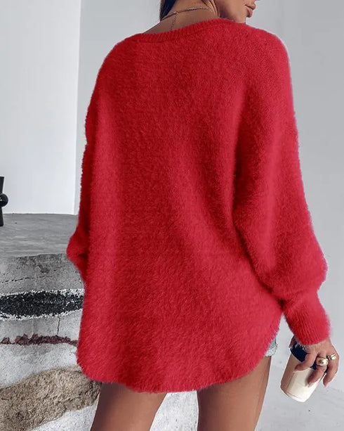 V-Neck Long Sleeve Beaded Decor Oversized Sweater Fluffy Pullover Top red