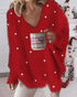 V-Neck Long Sleeve Beaded Decor Oversized Sweater Fluffy Pullover Top red