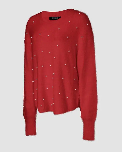 V-Neck Long Sleeve Beaded Decor Oversized Sweater Fluffy Pullover Top red