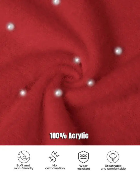 V-Neck Long Sleeve Beaded Decor Oversized Sweater Fluffy Pullover Top red