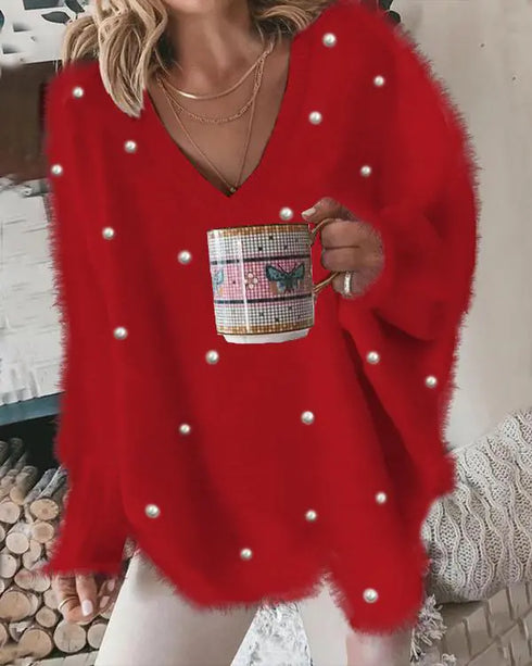 V-Neck Long Sleeve Beaded Decor Oversized Sweater Fluffy Pullover Top red